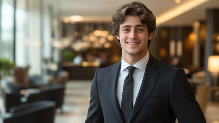 Fototapeta premium A confident young businessman in a sleek suit smiles warmly in a modern, professional office lobby with elegant decor.