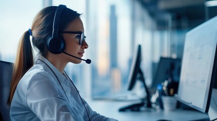 A focused woman wearing a headset works at a computer in a modern office, showcasing the essence of remote communication and technology.