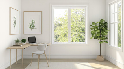 Fototapeta premium modern home office featuring minimalist desk, laptop, and indoor plant. bright space is enhanced by natural light from large windows, creating serene atmosphere