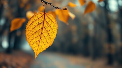 Obraz premium Last Yellow Leaf, Autumn Woodland, Defocused, Bokeh, Rainy Mood
