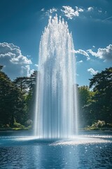 Tall fountain sprays water, sunny blue sky.