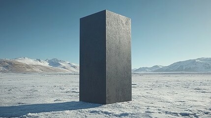 Monolith in snowy desert, mountains backdrop.