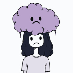 Cartoon person with sad face cloud overhead.