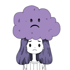 Cartoon person with sad face cloud overhead.