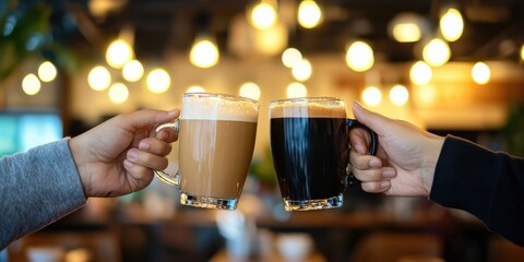 Coworkers toasting with coffee mugs in an office lounge, celebrating a successful project completion