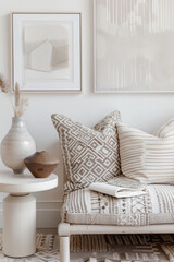 Minimalist living room decor with neutral tones, featuring textured cushions, ceramic vase, and abstract wall art. serene atmosphere invites relaxation and comfort