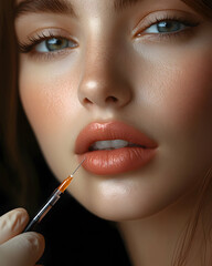 A practitioner carefully applies a cosmetic treatment to enhance the lips of a model in a quiet, well-lit space. The atmosphere is calm and professional, emphasizing beauty.