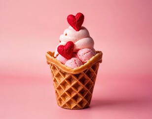 A heart-shaped ice cream in a waffle cone with hearts on a pink background
