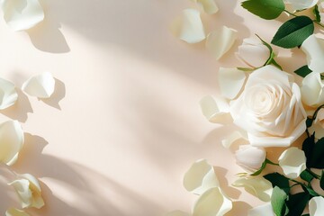 White roses, petals, sunlight, pastel background, design