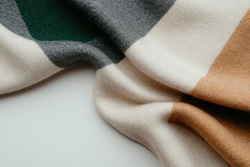 Fototapeta premium Soft merino wool blanket with green, grey, beige and brown stripes draped on white background