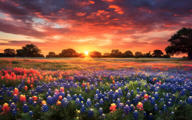 Vibrant wildflowers glowing under a golden sunset