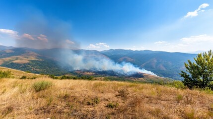 Obraz premium Wildfire smoke billows over mountain range
