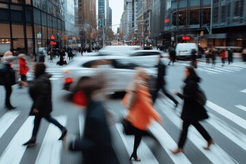Fototapeta premium Busy new york city street with people and cars in motion blur
