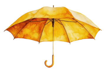 Vibrant yellow umbrella with a curved handle showcasing artistic watercolor details