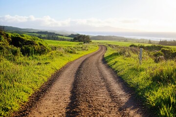 Winding dirt road, coastal farmland, sunset, travel