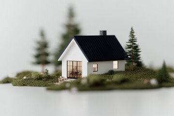 Small modern house model surrounded by miniature trees on white background