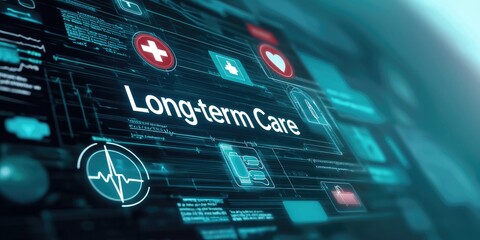 A digital interface showcasing long-term care concepts with health icons and data visualizations.