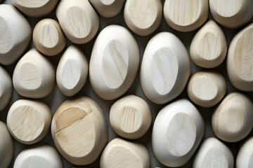 Close-up of smooth, wooden-textured pebbles in light, earthy tones, blending natural materials with aesthetic appeal. Ideal for eco-friendly or rustic designs