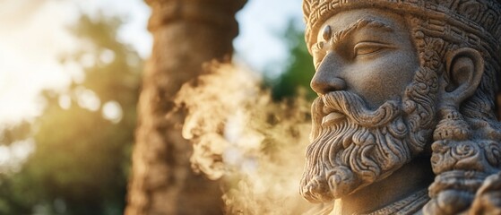 Obraz premium Serene Stone King, Temple Garden, Incense, Sunrise