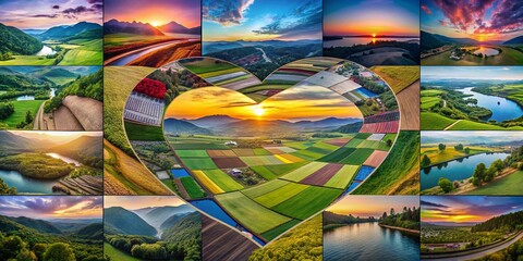 Fototapeta premium Aerial Heart-Shaped Photo Collage: Romantic Drone Photography Over Scenic Landscapes