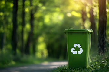 Green recycling bin with a recycling symbol on a sunny forest path, symbolizing ecology and sustainability