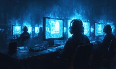 Here's a 10-word description of the image: Night-lit room, shadowy