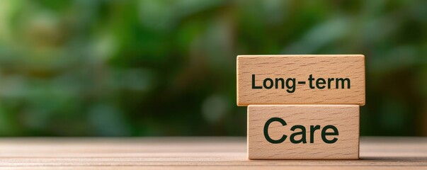 The image features wooden blocks displaying the words "Long-term Care" against a blurred green background, symbolizing health and support.