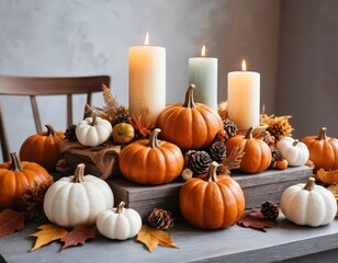 A festive table setting with pumpkins and candles for autumn holidays