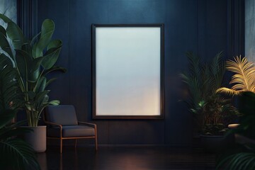 Empty frame poster mockup in a minimalist interior dark living room with armchairs and potted plants	