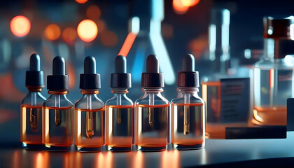 A close-up of multiple amber glass vials with dropper caps, set against a blurred laboratory background. Warm orange-toned lighting casts a dramatic glow on the vials, pharmaceutical industry .