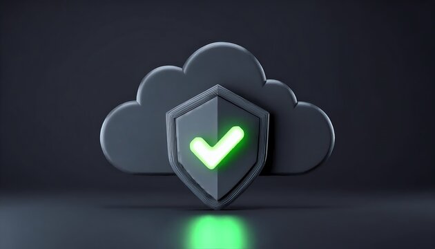 A shield with a green checkmark inside a cloud symbolizes secure cloud storage and data protection.