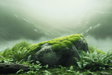 Table background of free space for your decoration and blurred landscape of mountains.Blue sky with sun light and green small leaves.