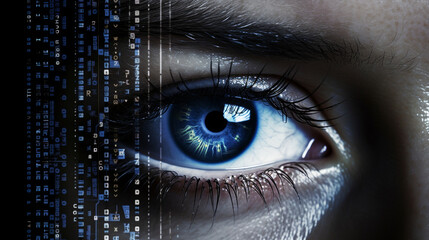 Fototapeta premium Close-up of a person's eye with digital security code reflecting on their iris