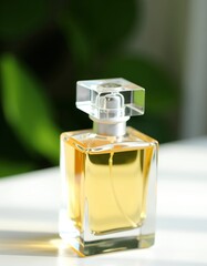 Amber perfume in a glass bottle sits on a white surface, bathed in sunlight. The clear glass reveals the golden liquid inside, highlighting the elegance of the fragrance.