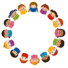 読書や学習をしている仲良し子供達が輪を作っている