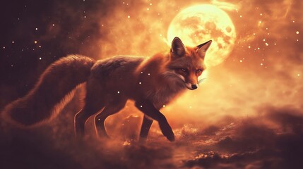 A fox is walking through a field with a full moon in the background