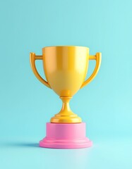A vibrant yellow trophy sits proudly on a pink pedestal against a light blue background.  This cheerful image is perfect for celebrating success, achievements, and victories.