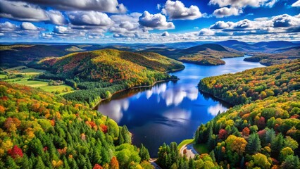 Aerial View Laurentians Lake Landscape: Scenic Countryside Flight
