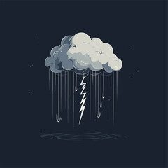 Gray cloud with raindrops and lightning bolt on dark background.