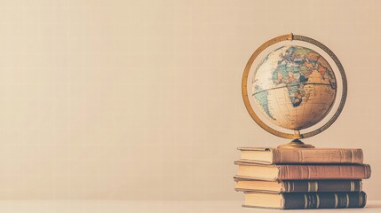 Classic globe atop stacked travel guidebooks inspiring wanderlust and exploration around the world in a serene background. Generative AI