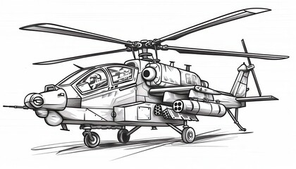 Detailed line art of a military helicopter. Ideal for coloring books, posters, or apparel designs featuring military themes or aviation.