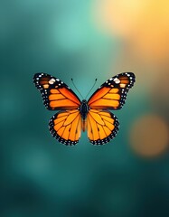 Fototapeta premium Monarch butterfly in flight against a soft, blurred teal and gold background. The vibrant orange and black wings are sharply in focus, creating a beautiful contrast.