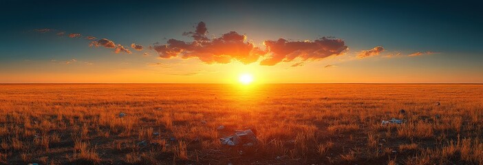 Fototapeta premium Stunning sunset over a vast, golden prairie landscape. The sun's rays illuminate the dry grass, creating a dramatic scene with scattered debris hinting at environmental concerns.