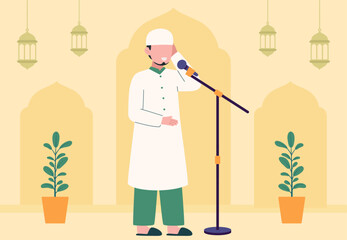 Muslim calling the adzan to prayer at mosque vector design illustration
