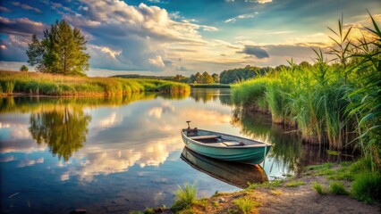 Obraz premium Reeds whisper secrets as a rubber boat glides across the still summer lake, documenting the scene.