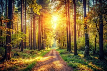 Obraz premium Retro autumnal forest scene: sun-drenched path, mystical woods, grainy film aesthetic.