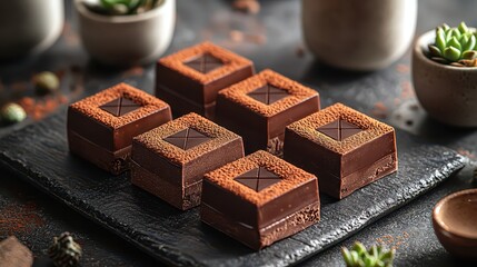 Artisanal chocolate delights on slate plate with succulents and rustic background