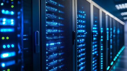 Quantum computing breakthrough concept. Data center with illuminated servers and blue lighting effects.