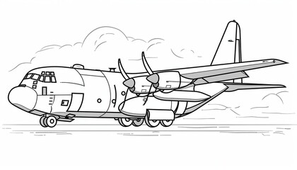 A stylized line art drawing of a C-130 Hercules military transport aircraft. Suitable for coloring activities or educational resources about airplanes.