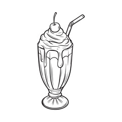 Highly Detailed Black and White Ice Cream Cone Line Art Illustration with Cherry and Stylized